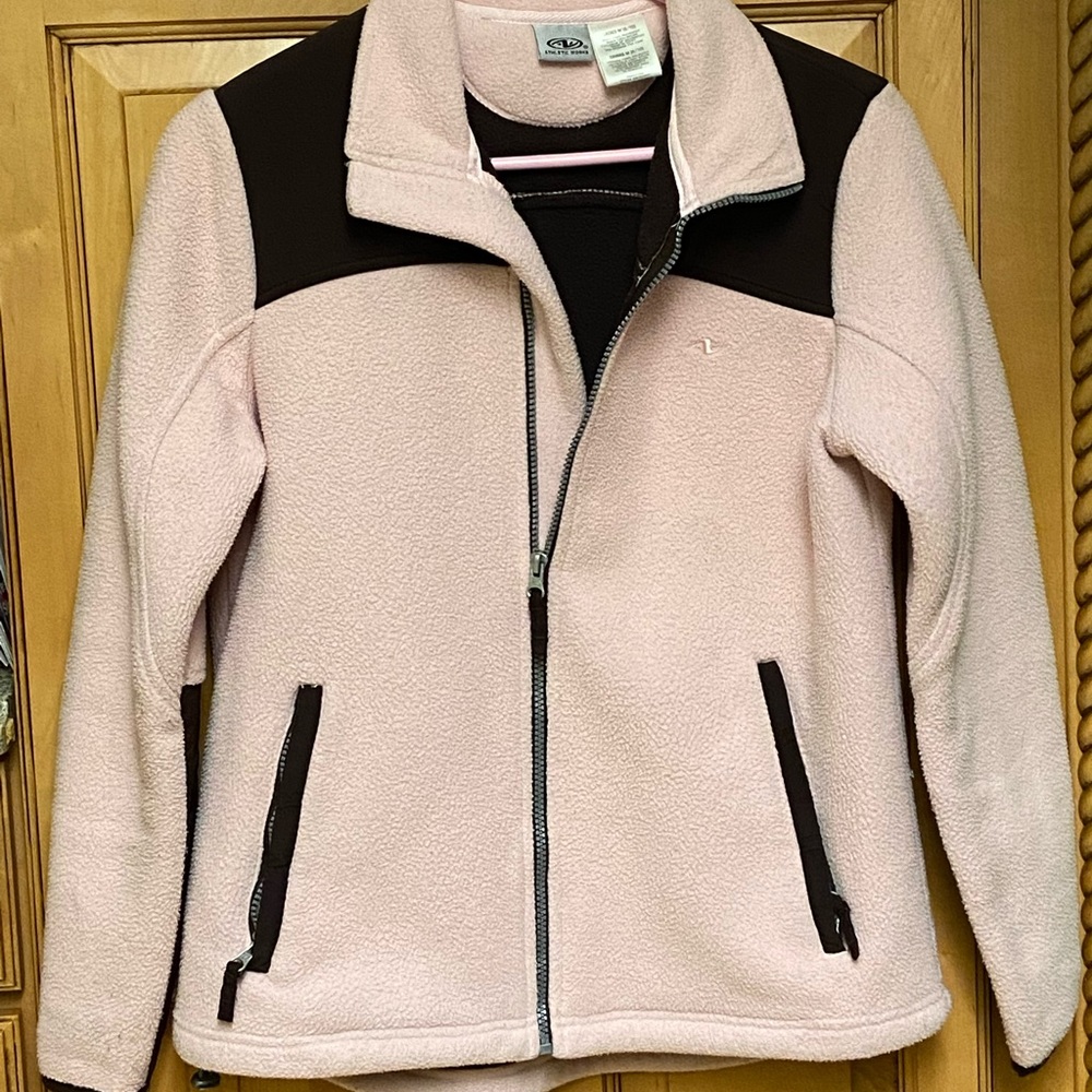 pink and brown fleece zip up winter jacket